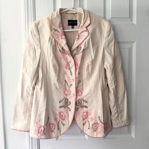 Rena Lange Beige Jacquard Animal Print Pink Floral Embroidery Button Blazer 16